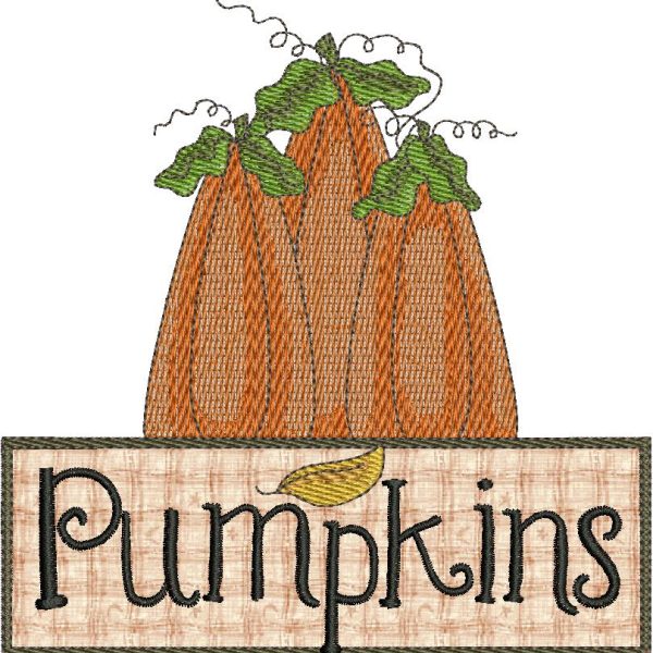 An embroidery design of three stacked pumpkins with green leaves and curly vines, accompanied by the word "Pumpkins" in an elegant font.