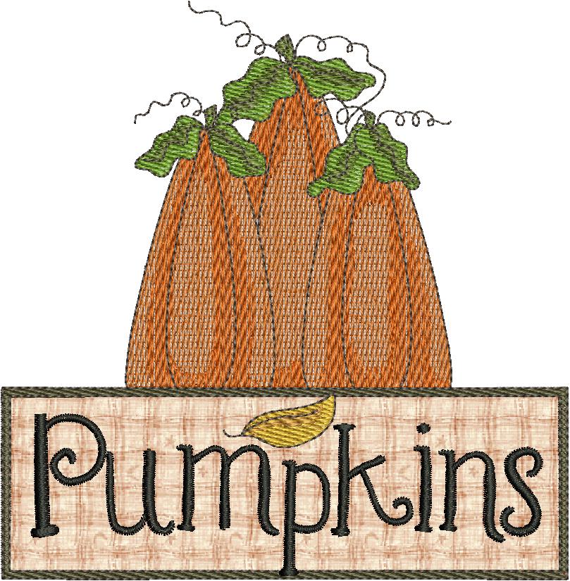 An embroidery design of three stacked pumpkins with green leaves and curly vines, accompanied by the word "Pumpkins" in an elegant font.