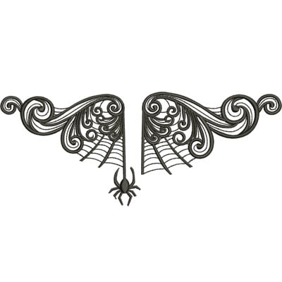 An embroidery design of intricate swirling wings adorned with a spider and delicate web details.