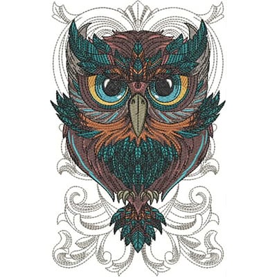 An embroidery design of a detailed and colorful owl characterized by its striking eyes and ornate feathers.