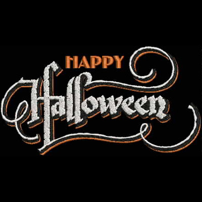An embroidery design of the phrase "Happy Halloween" featuring ornate lettering in white, orange, and black tones.