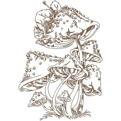 An embroidery design of intricately detailed mushrooms, showcasing various shapes and sizes with textured caps and stems.