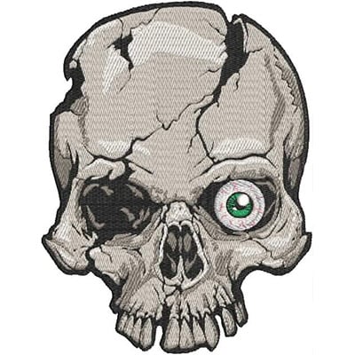 An embroidery design of a stylized skull with one cracked side and a single green eye.