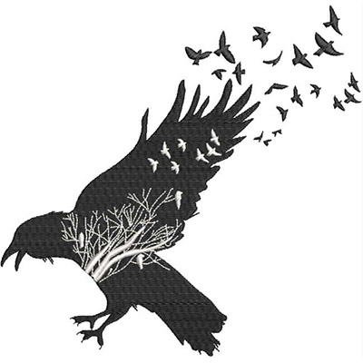 An embroidery design of a majestic raven with a white tree motif in its body and smaller birds flying away from it.