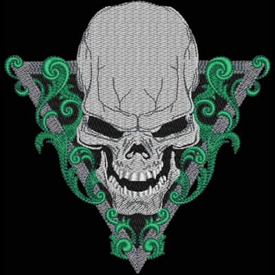 An embroidery design of a menacing skull surrounded by intricate green swirls.