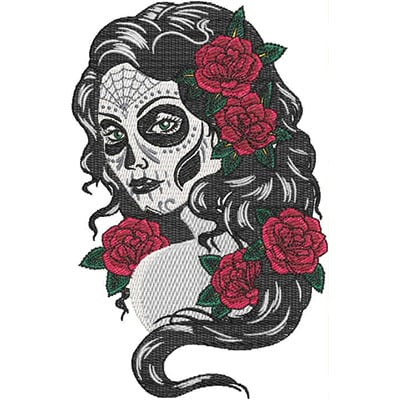 An embroidery design of a woman with intricate skull makeup, surrounded by vibrant red roses, showcasing flowing black hair.