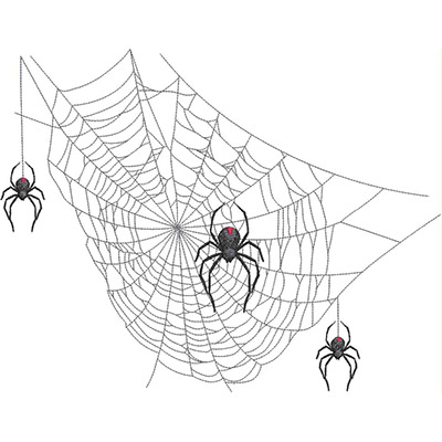 An embroidery design of a spiderweb featuring three black spiders, each with a distinctive red marking.
