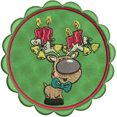 An embroidery design of a cheerful reindeer with antlers adorned with red candles and gold bells, wearing a blue bow tie.