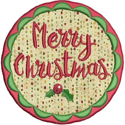 An embroidery design of a circular motif featuring the festive phrase "Merry Christmas" in playful lettering, adorned with holly and a scalloped border.