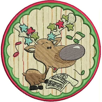 An embroidery design of a cheerful cartoon reindeer with musical notes and colorful stars adorning its antlers, singing while holding a sheet of music.