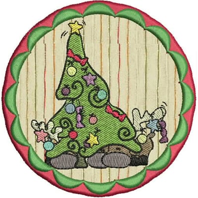 An embroidery design of a whimsical Christmas tree adorned with colorful ornaments and a playful character nestled at its base.