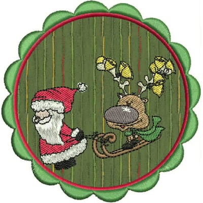 An embroidery design of Santa Claus with a cheerful reindeer pulling a sleigh, adorned with festive details.