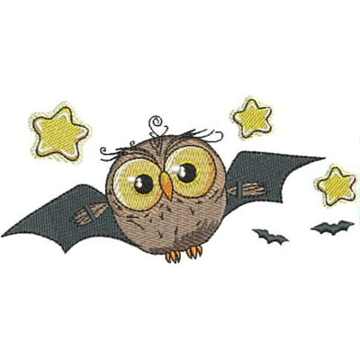 An embroidery design of a whimsical owl with bat wings surrounded by yellow stars.