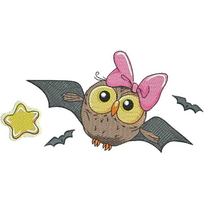 An embroidery design of a cute owl with large yellow eyes, wearing a pink bow, and flapping its wings alongside a yellow star and small bat silhouettes.