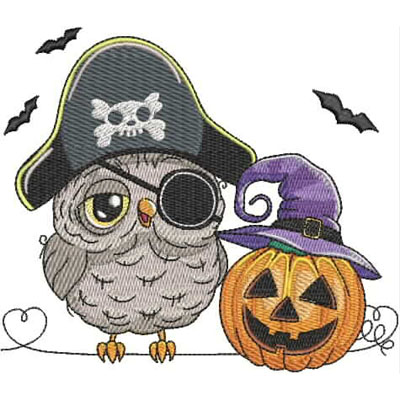 An embroidery design of an adorable owl wearing a pirate hat and an eye patch, beside a carved pumpkin with a witch's hat.