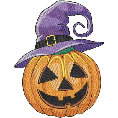 An embroidery design of a smiling jack-o'-lantern wearing a purple witch's hat.