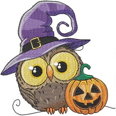 An embroidery design of a cute owl wearing a purple witch's hat and standing next to a carved pumpkin with a playful expression.