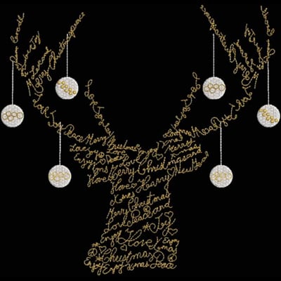 An embroidery design of a stylized tree composed of intricate golden phrases and adorned with hanging white ornaments.