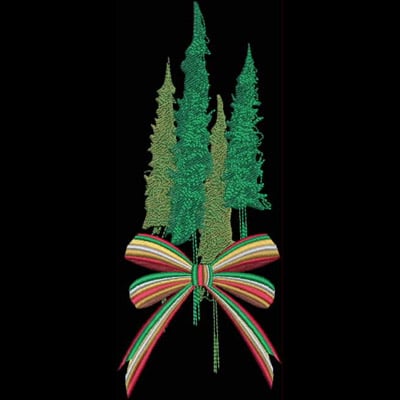 An embroidery design of three stylized green trees topped with a vibrant striped bow.