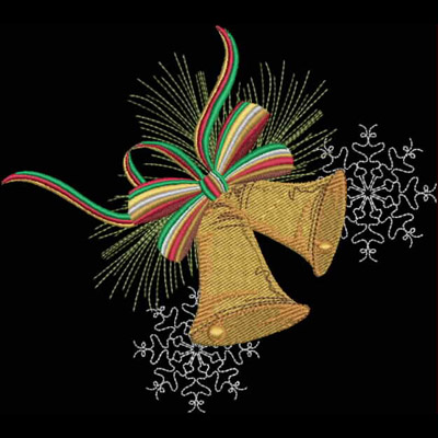 An embroidery design of two golden bells adorned with a colorful ribbon and surrounded by delicate snowflakes.