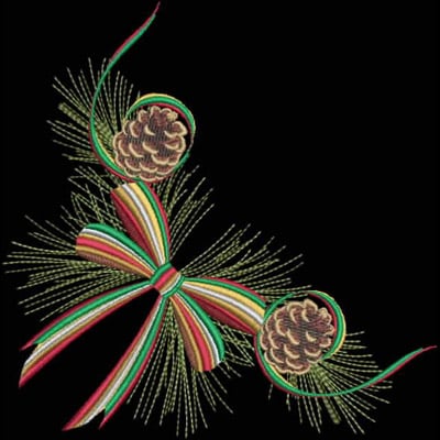 An embroidery design of a festive arrangement featuring two pinecones and a vibrant, multi-colored ribbon bow, accented by delicate green foliage.