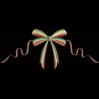 An embroidery design of a vibrant multicolored ribbon bow with flowing tails.