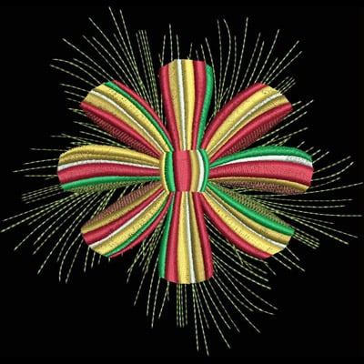 An embroidery design of a vibrant, multi-colored flower with layered petals and delicate, wispy details radiating from its center.