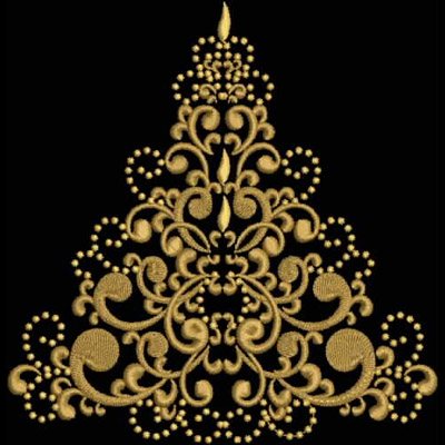 An embroidery design of an ornate symmetrical tree shape, embellished with swirling patterns and delicate dots in a golden hue.