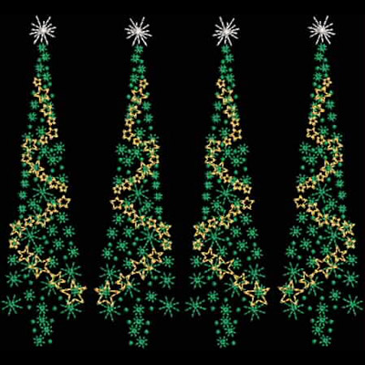An embroidery design of four stylized Christmas trees adorned with green foliage, yellow stars, and sparkling snowflakes at the top.