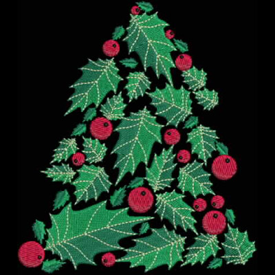 An embroidery design of a decorative Christmas tree formed by vibrant green holly leaves and red berries.