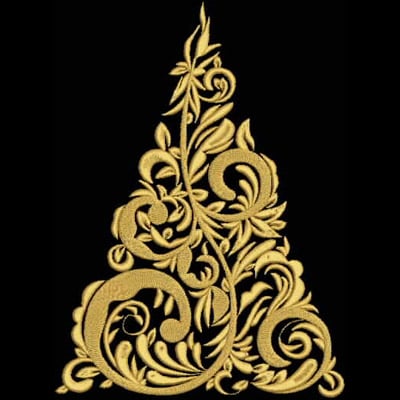 An embroidery design of intricate golden swirling floral patterns arranged in a triangular shape.