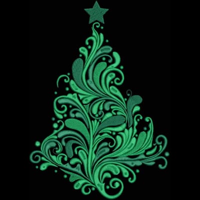 An embroidery design of an ornate green Christmas tree adorned with flowing swirls and a star on top.
