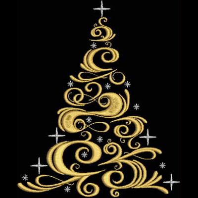 An embroidery design of a stylized Christmas tree created with elegant gold swirls and white snowflake accents.