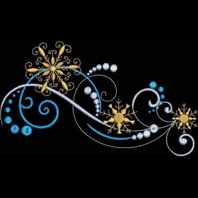 An embroidery design of intricate swirling patterns featuring snowflakes in gold and blue accents, complemented by decorative pearls.