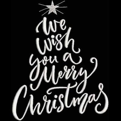 An embroidery design of a decorative Christmas tree made up of elegant lettering that says "We wish you a Merry Christmas," topped with a star.