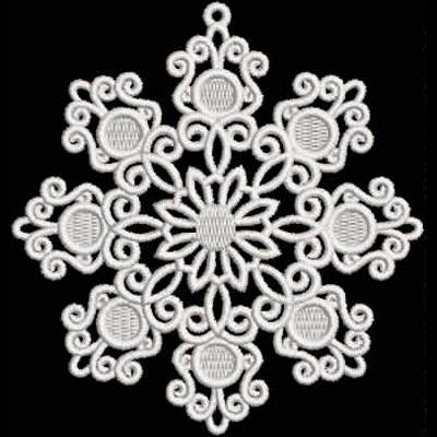 An embroidery design of a symmetrical snowflake featuring intricate swirling patterns and circular elements.