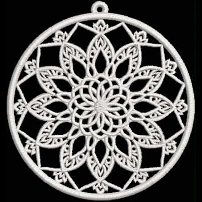 An embroidery design of a intricate lace-like circular motif featuring layered floral and leaf patterns.