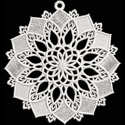 An embroidery design of an intricate, symmetrical floral mandala featuring layered petals and delicate loops.