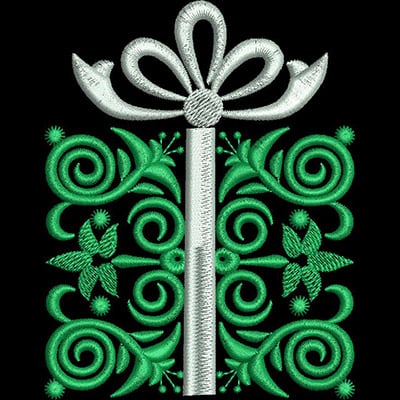 An embroidery design of a stylized flower with a bow at the top, accented by swirling green vines and floral motifs.