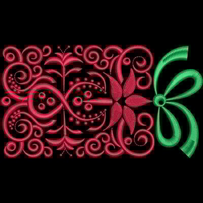 An embroidery design of intricate floral and swirl patterns in red, accented with a green bow.