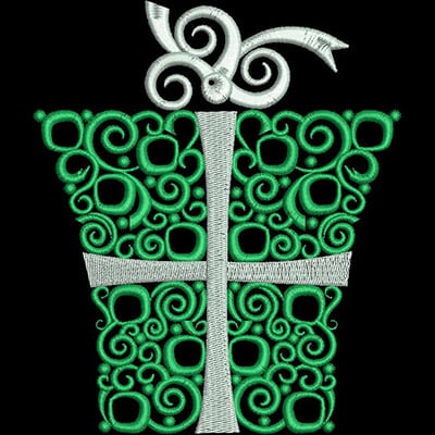 An embroidery design of a decorative green gift box adorned with a white cross and a playful swirl at the top.