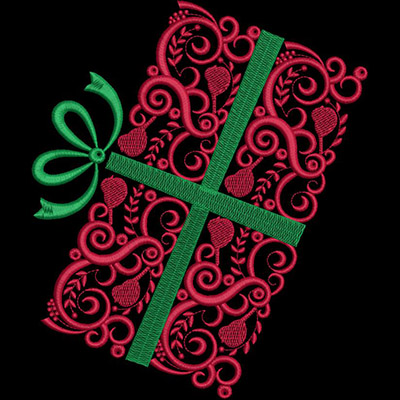 An embroidery design of an ornate gift with a green bow and decorative red swirls.