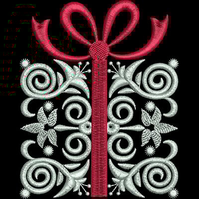 An embroidery design of an elegant gift box adorned with a bold red bow and decorative swirling patterns in silver.
