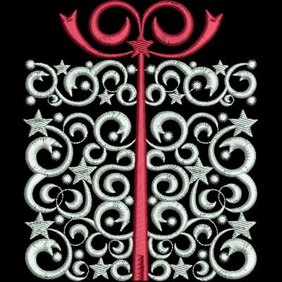 An embroidery design of a whimsical gift box adorned with swirling patterns and stars, topped with a red bow.