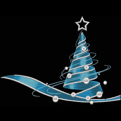 An embroidery design of a stylized blue Christmas tree adorned with spiraling ribbons and decorative pearls, topped with a star.
