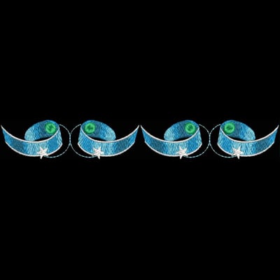 An embroidery design of stylized blue waves adorned with green circles and white star accents.