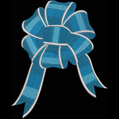 An embroidery design of a layered bow in varying shades of blue with a striped pattern.