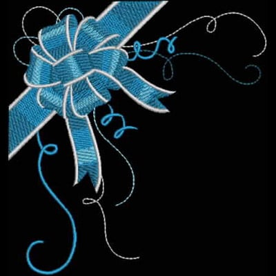 An embroidery design of a large, elegant blue bow with flowing ribbon tails and decorative swirls.