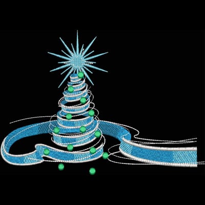 An embroidery design of a stylized Christmas tree featuring a spiraling blue ribbon, green ornaments, and a starburst topper.
