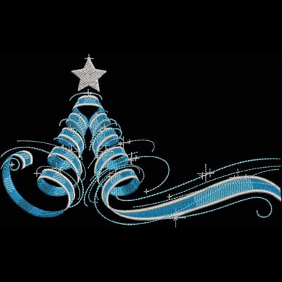 An embroidery design of a stylized Christmas tree created with blue swirls and topped with a star.